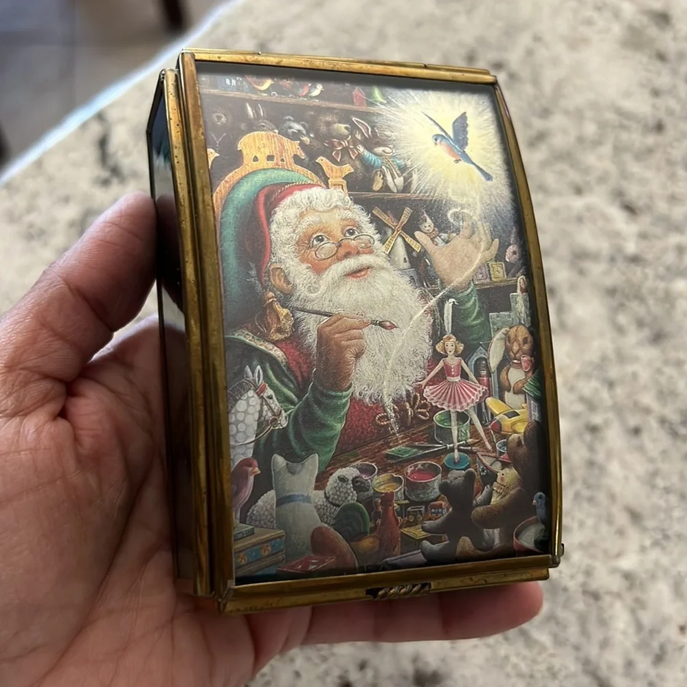 Vintage Etched Christmas Santa Toy Shop Trinket Box